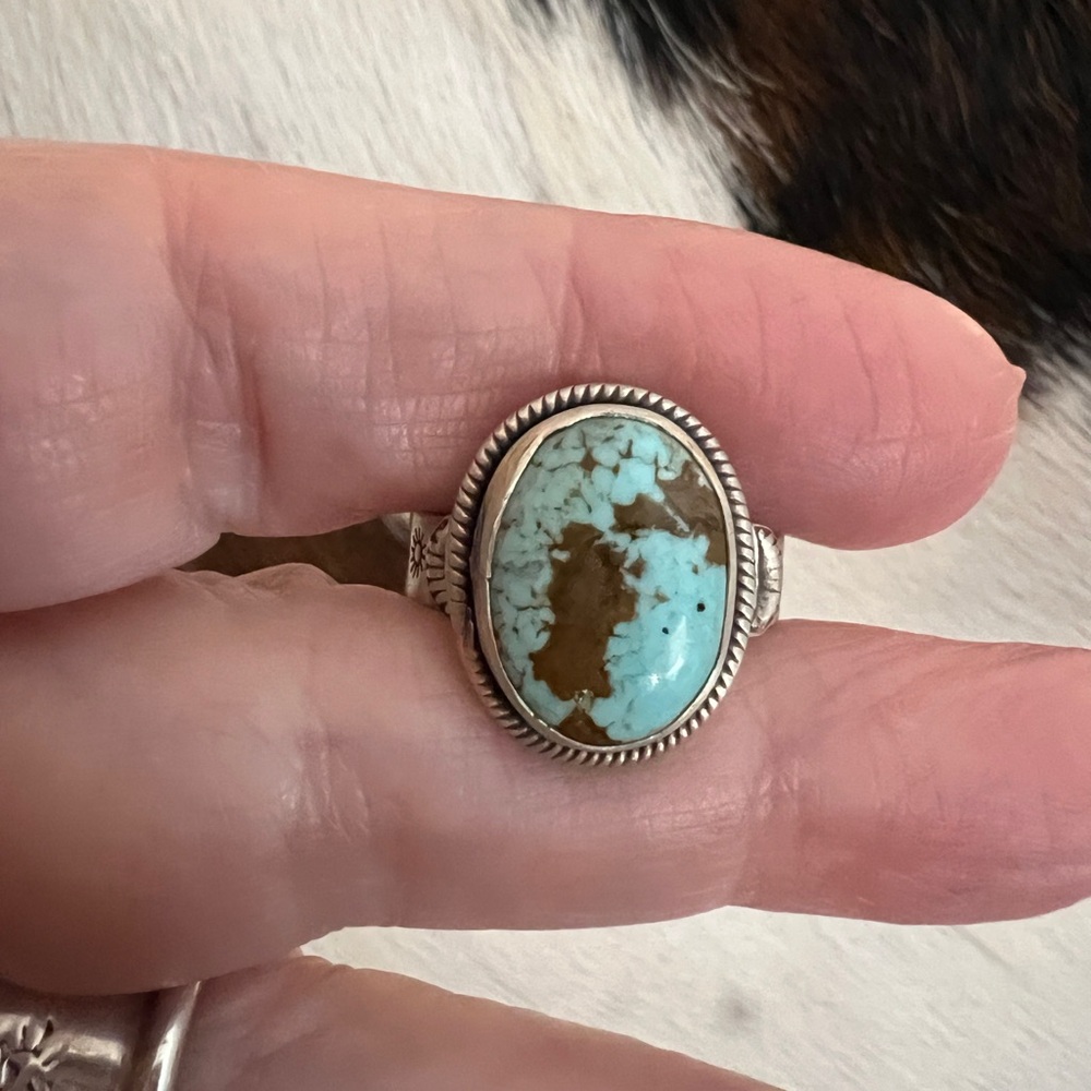 ❤️ #8 Turquoise Navajo Style Hand Stamped Decorative 5mm Band Ring Size 9 Unisex - Picture 5 of 14
